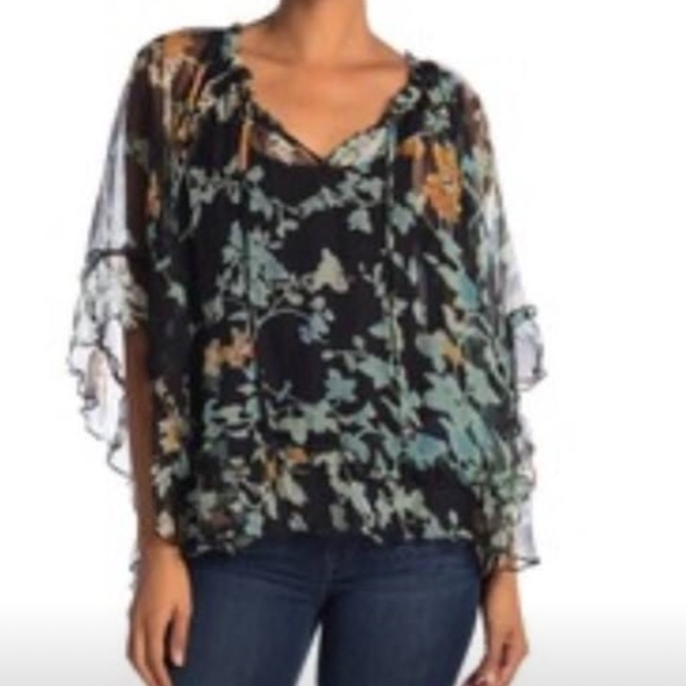 JOHNNY WAS Lindsay Flowy Floral Shear Silk Top Black Teal NWT - Picture 4 of 16